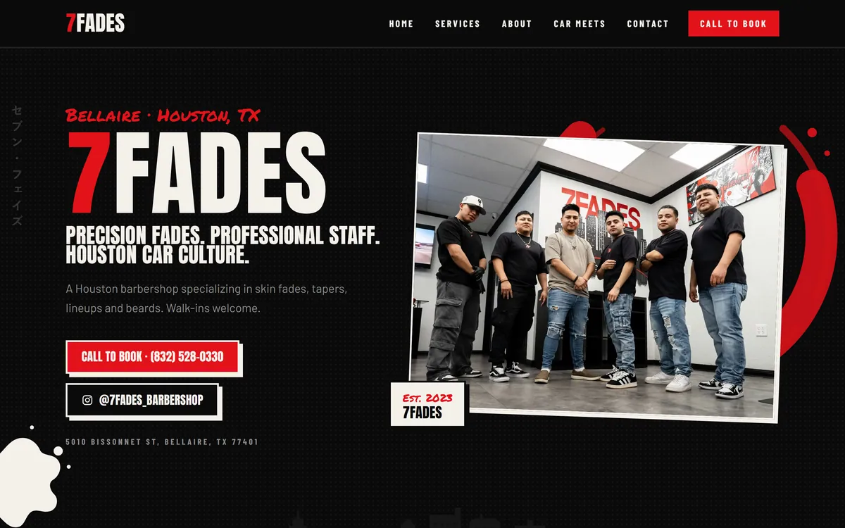The 7Fades Barbershop website, desktop view