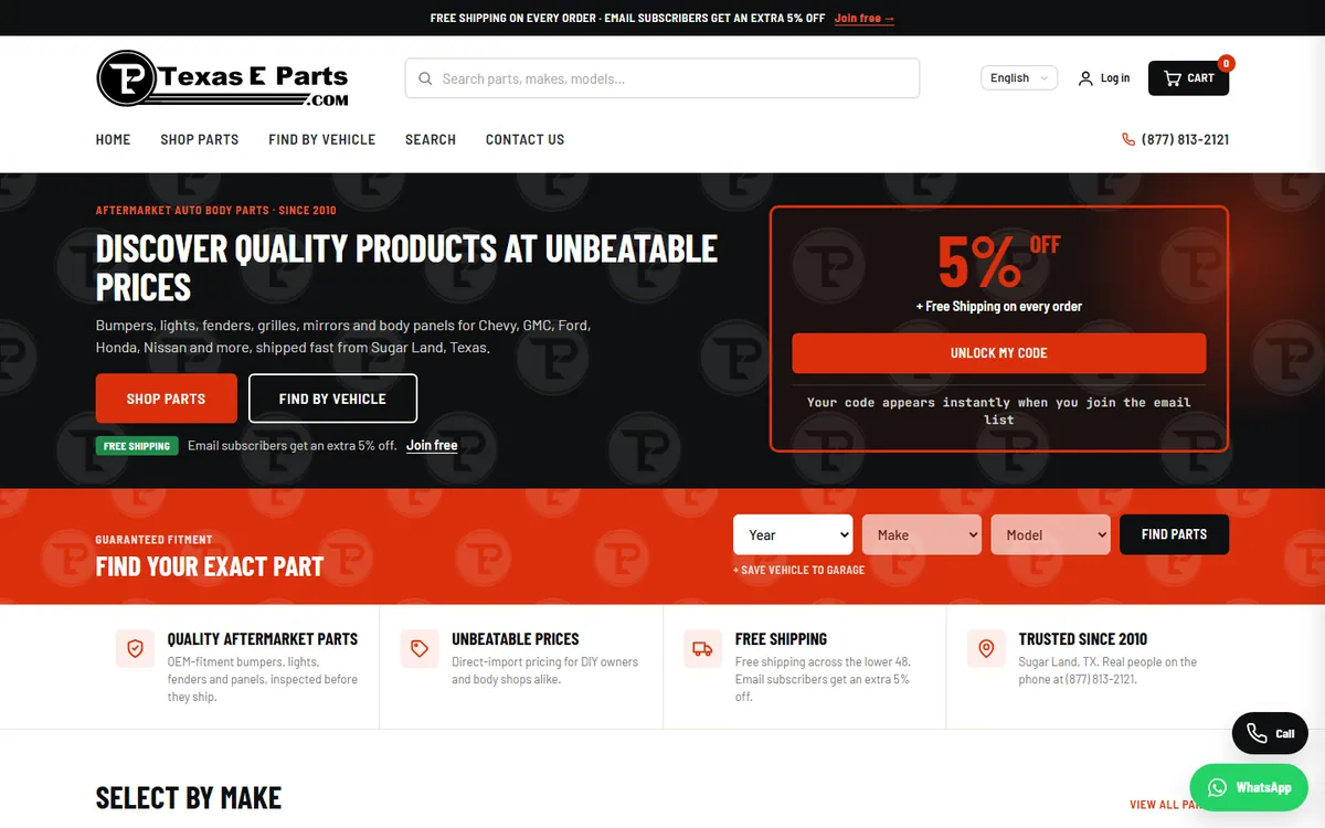 The Texas E Parts website, desktop view